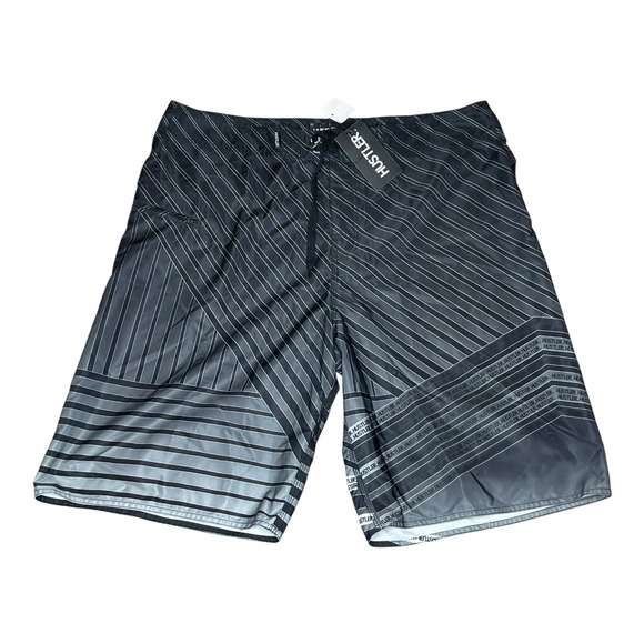 Hustler Hollywood Other - NEW Y2K Hustler Striped Board Shorts Black Grey Geometric Swim Trunks Mens 40